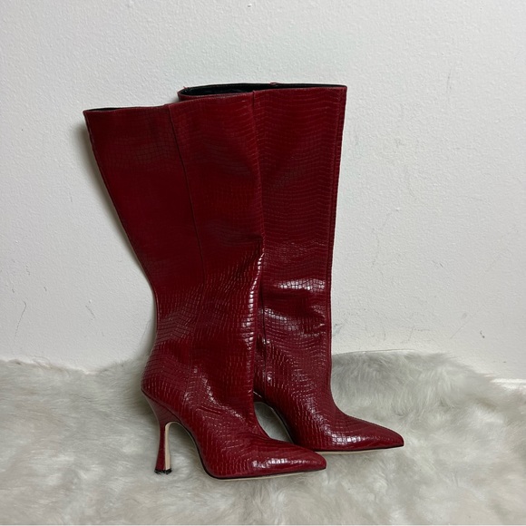 Stuart Weitzman Parton Red Croc Snakeskin Leather Tall Heel Boots - Picture 13 of 14